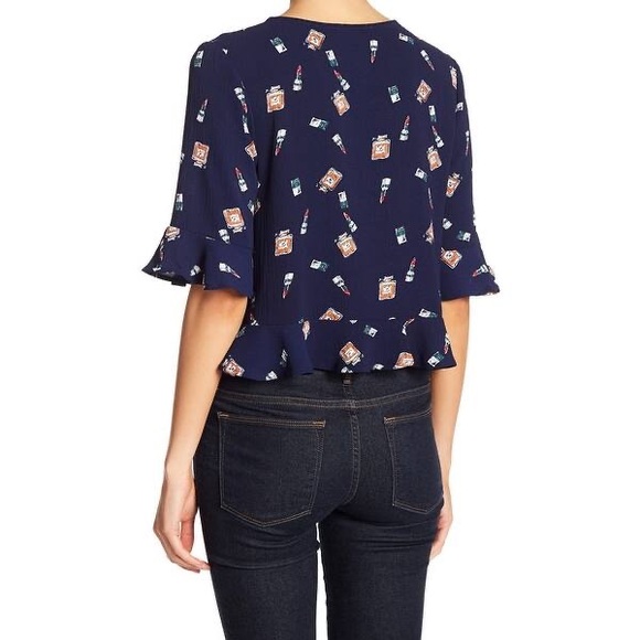 Elodie Blue Perfume Lipstick Print Ruffled Blouse - Picture 2 of 6